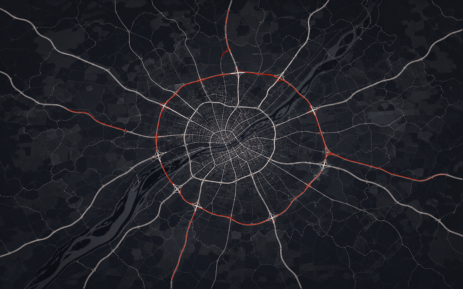 Carte schématique sombre d’Orléans et du Loiret avec un repère central pour SC PERF